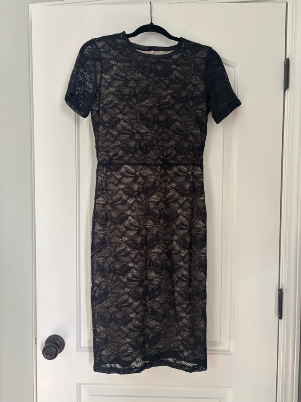 NWOT Raquel Allegra Black Lace Overlay Midi Dress - Nude Lining